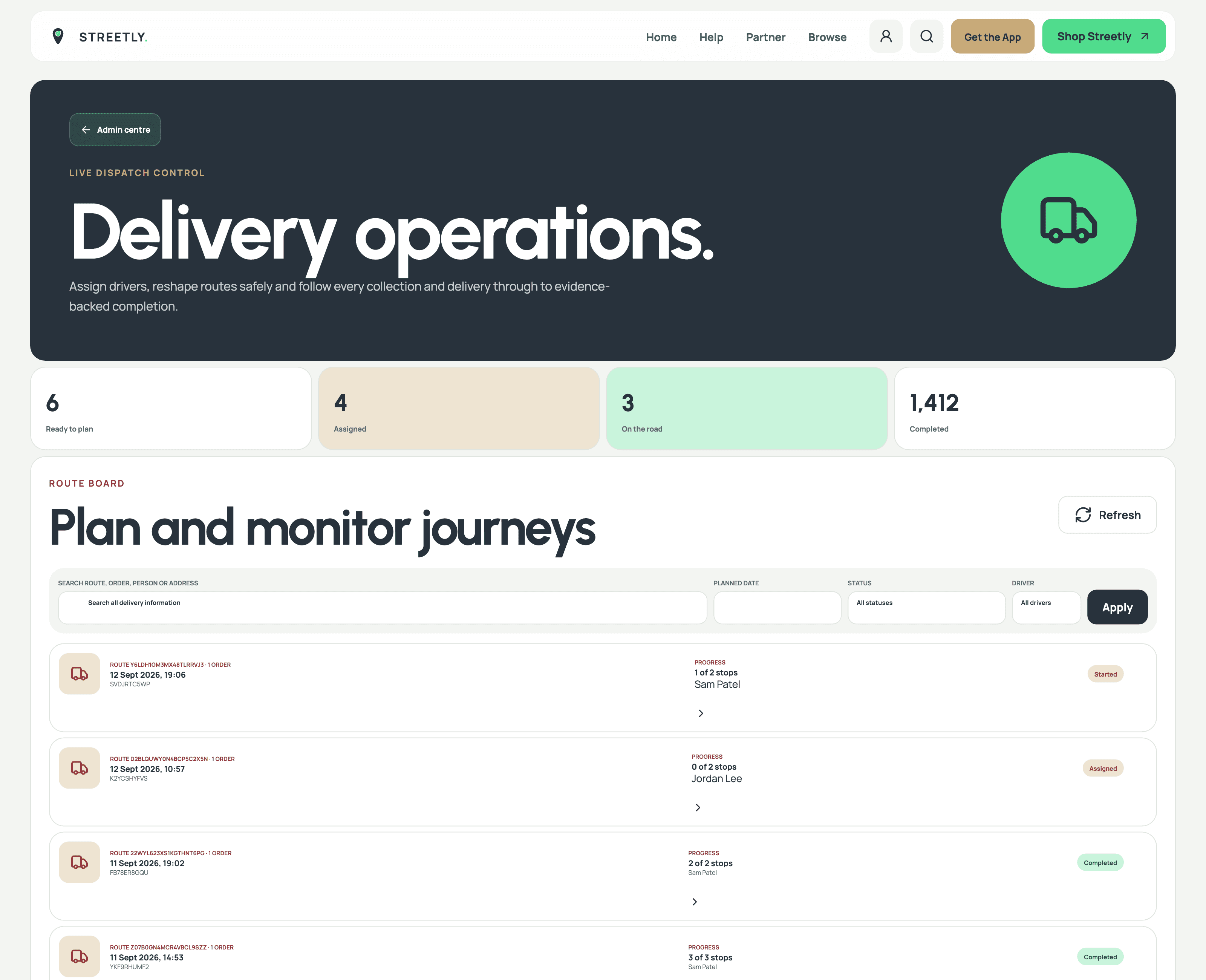 The dispatch board with the day’s routes, riders and progress
