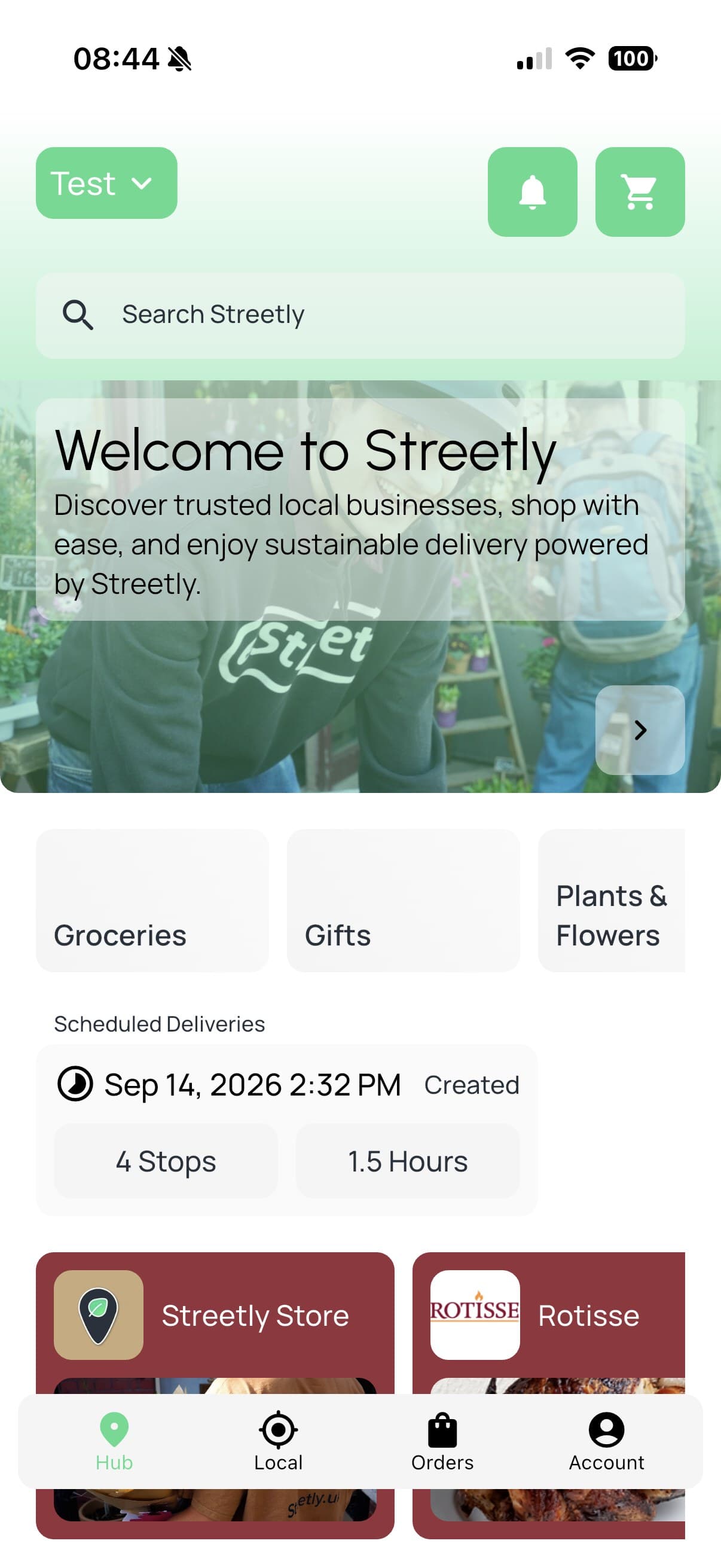 The Streetly app home: search, categories and local shops