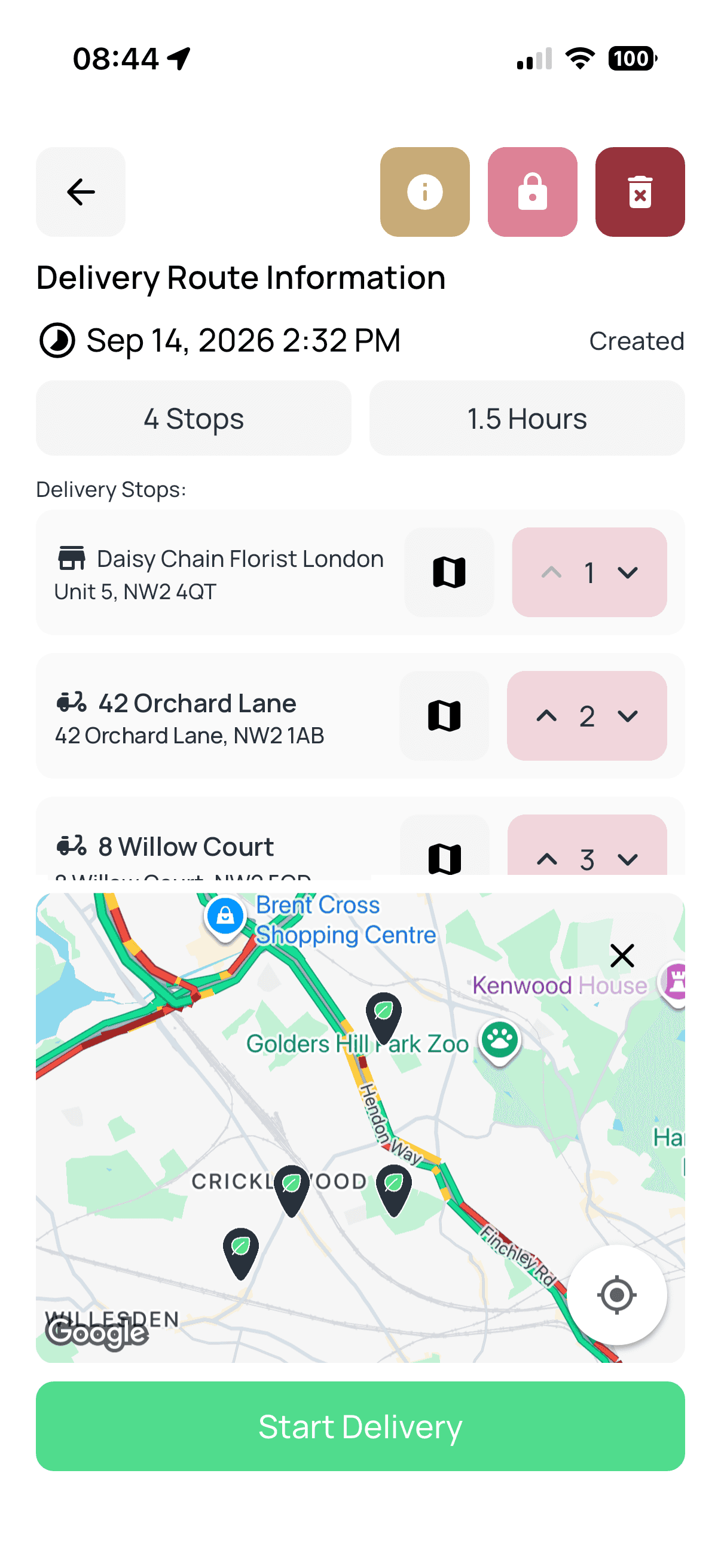 A rider’s route in the app: a shop pick-up, then two doorsteps, with the map