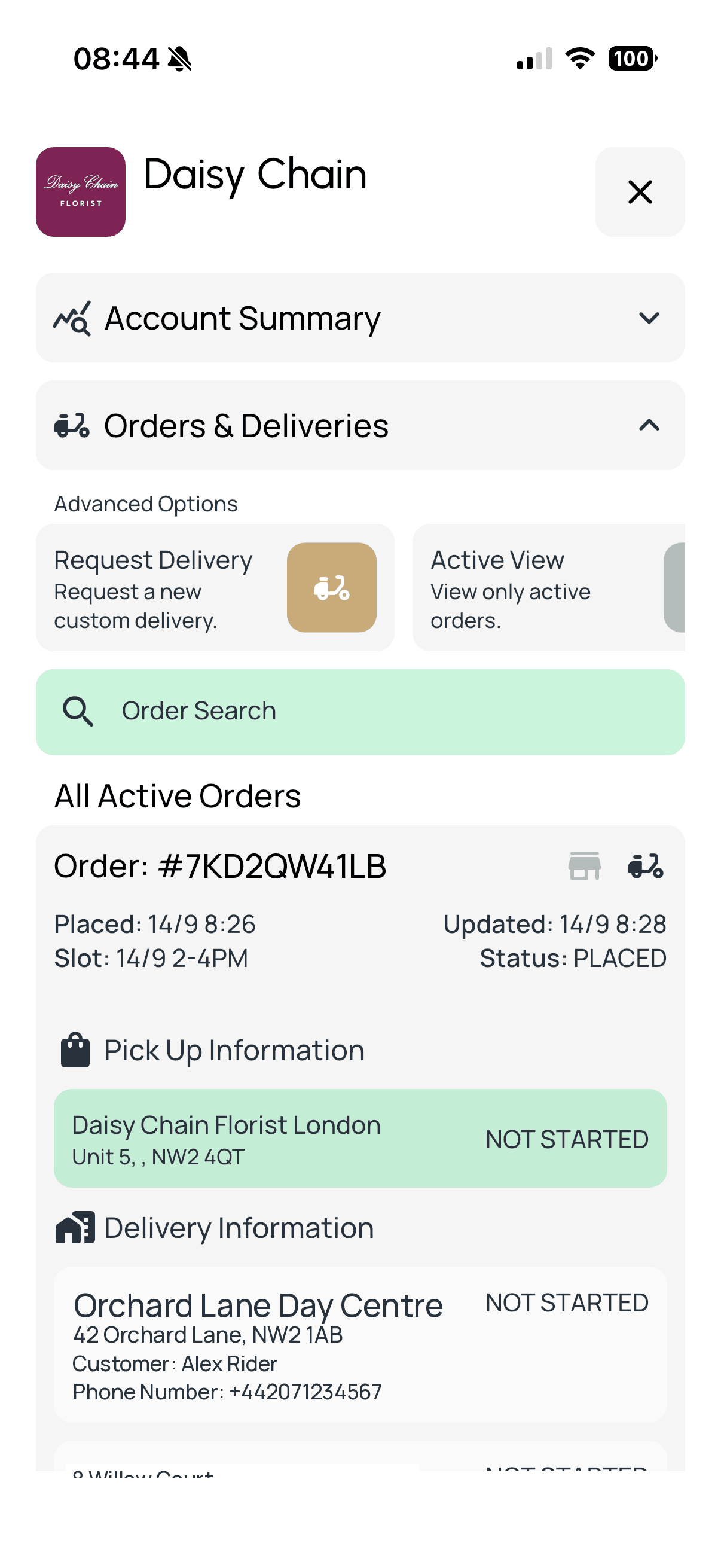A shop’s view of an active order, its pick-up and its delivery
