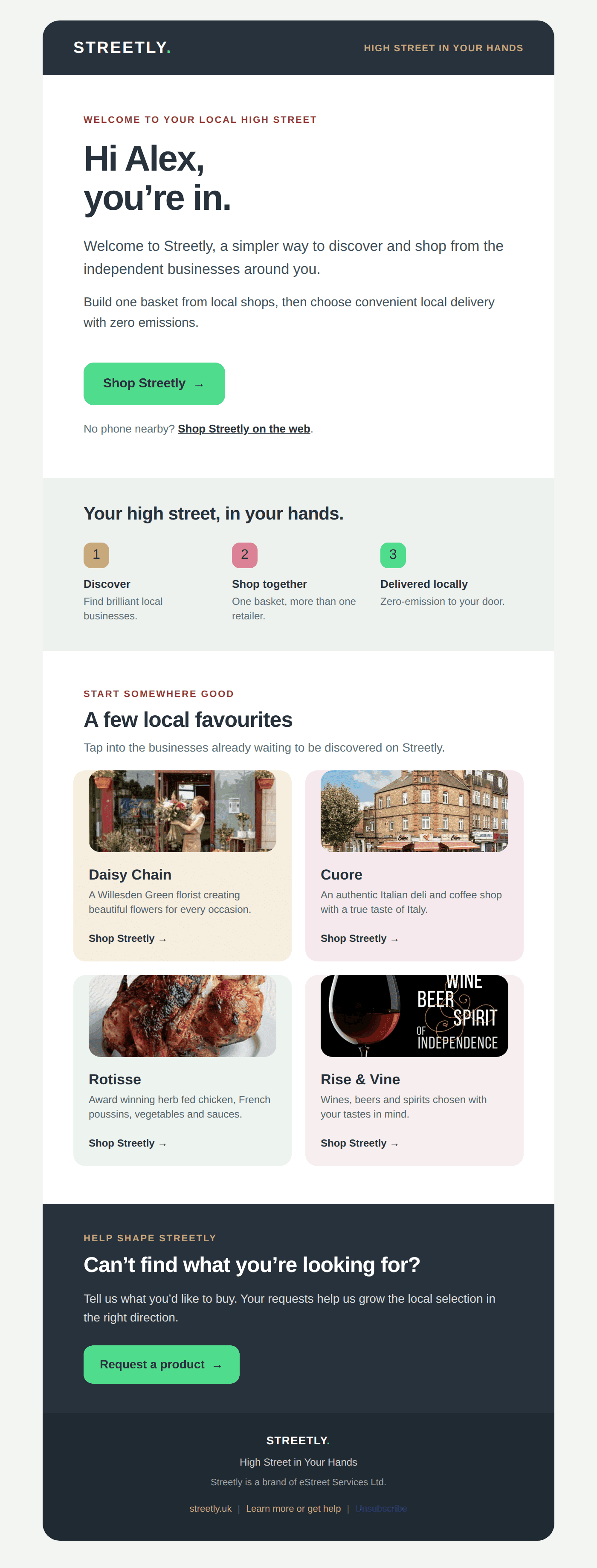 The Streetly welcome email with the three steps and four featured shops